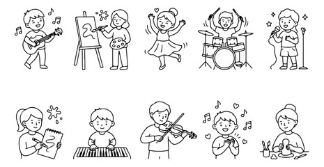 Hand drawn kids hobbies and arts icon set, 10 line art vector illustrations of children playing music and painting, creative youth activities © usman