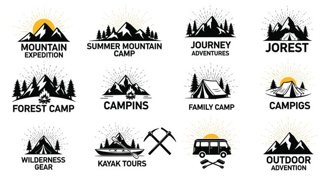 Set of vintage style mountain and outdoor camping badges and logos featuring tents, pine trees, campfires, and wilderness expedition slogans.