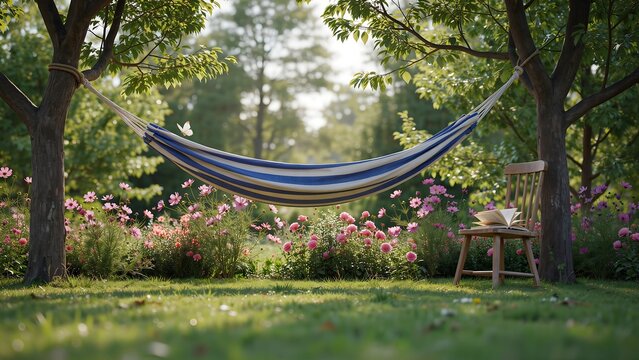 Hammock hangs between trees in garden with flowers
