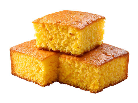 Stacked golden cornbread squares with a moist, tender crumb and rich corn flavor, freshly baked and isolated on a white background.