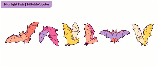 Obraz premium Cute Flying Bats Cartoon Vector Illustration Set for Halloween Design Asset Package isolated on white background with colorful spooky animals in flat outline style.