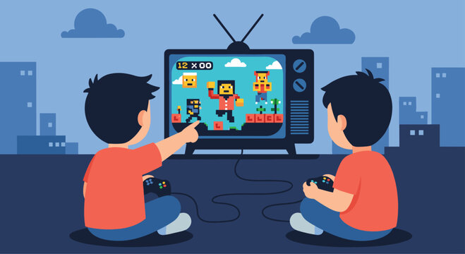 Two young boys sitting on the floor together playing a retro 8-bit video game on a vintage television in a dark room.