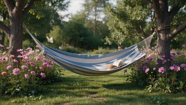 Hammock with book between trees in garden with pink flowers