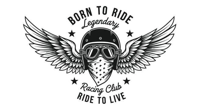 Vintage motorcycle racing club logo with a helmeted skull wearing goggles and a bandana framed by eagle wings and stars.