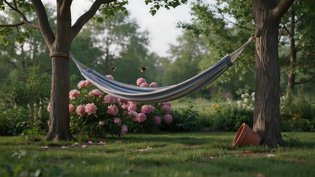Hammock between two trees in a garden with flowers