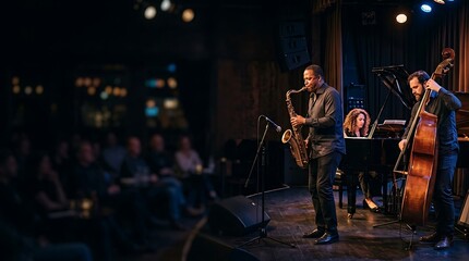 Fototapeta premium Jazz musicians performing live on stage in a dimly lit club
