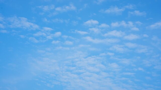 A blue sky timelapse video footage featuring a broad layer of Altocumulus clouds forming a soft textured pattern overhead, symbolizing teamwork, harmony, and the steady growth of shared ambitions. 4k.
