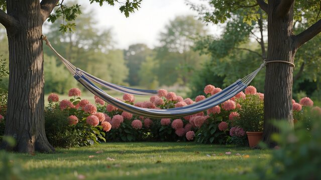 Hammock tied between two trees in a serene garden with pink flowers