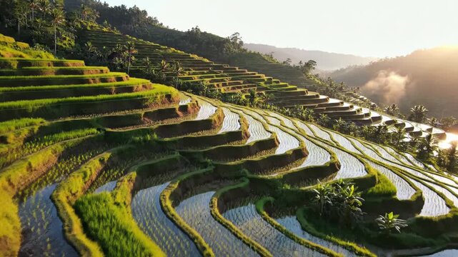 Aerial view of lush green tiered rice terraces on a steep hillside in Bali during golden hour sunrise with mist in the background valley and water reflections on the paddy fields.