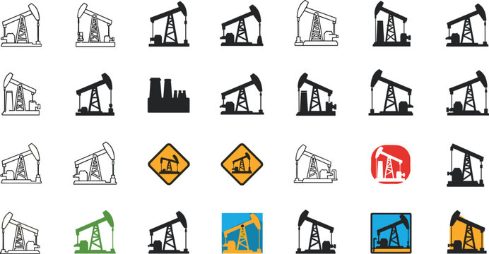 Oil Pump Jack and Industrial Factory Icon Set featuring Petroleum Drilling Rigs Fuel Extraction Machinery Refinery Warning Signs and Energy Industry Emblems
