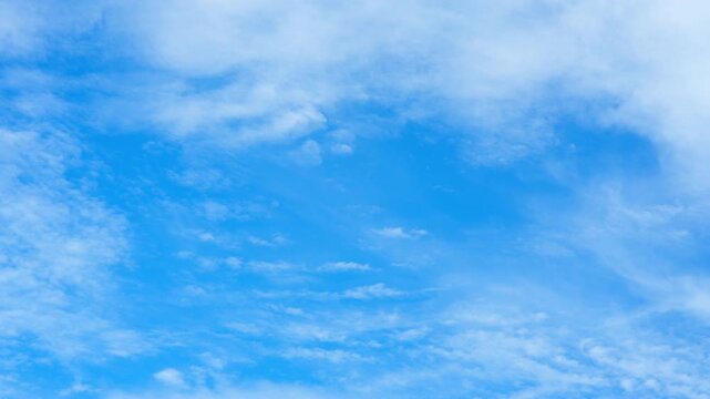 A blue sky timelapse video footage featuring thin Cirrostratus clouds blended with scattered Altocumulus formations, creating layered textures that symbolize adaptability, continuous transformation.
