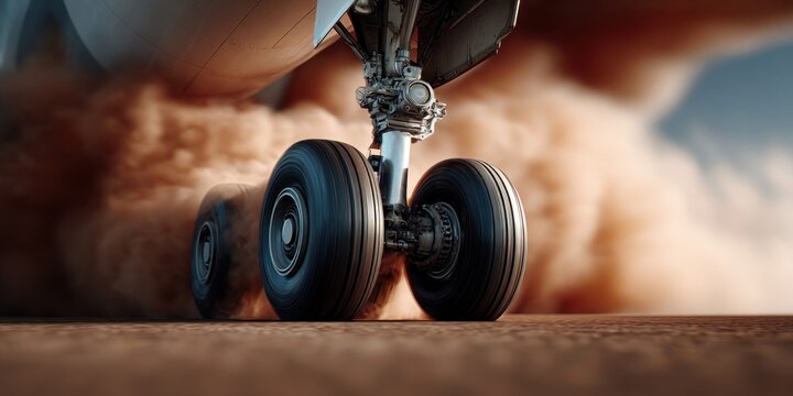 Close-up of airplane landing gear kicking up dust during takeoff or landing