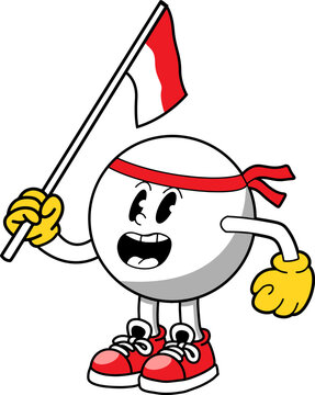cute mascot character holding indonesian flag red and white