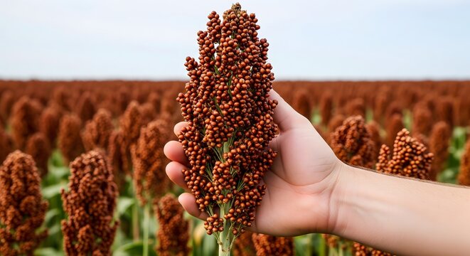 Hand holding ripe sorghum grain in a vast agricultural field at harvest