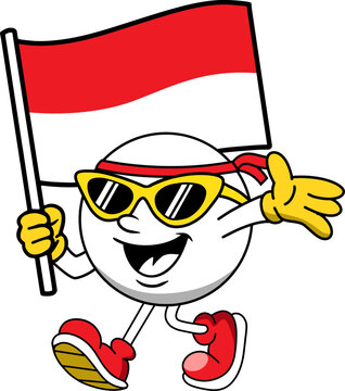 illustration cartoon mascot holding indonesian flag