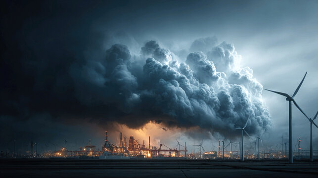 Climate risk management decision framework depicted through storm clouds over infrastructure with protective renewable energy shield strategic environmental resilience planning concept
