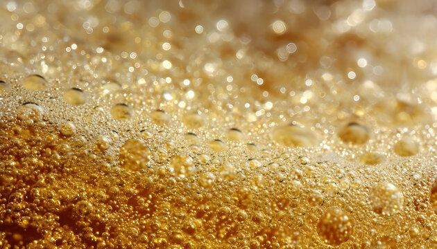 Abstract top view macro texture of golden oil with foam bubbles and sparkling reflections. Viscous liquid background for food, cosmetic or industrial concepts.