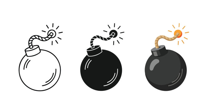 Bomb explosive weapon vector icon set: Icon set - Minimalist, flat icon, outline, glyph, linear, clipart, sticker 