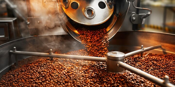 Freshly roasted coffee beans tumbling from an industrial roaster with steam rising