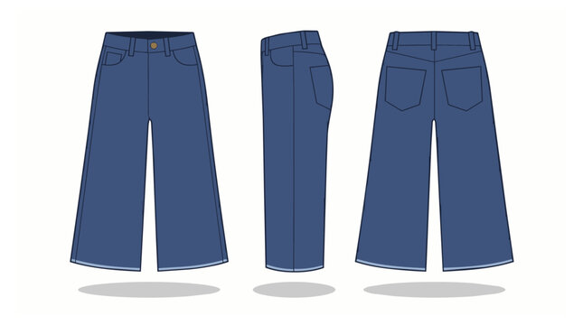 Illustration of blue jeans in three views.
