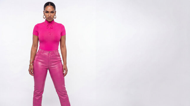 A stylish woman in a vibrant pink turtleneck top and matching leather pants stands confidently, looking directly at the camera. Her hair is pulled back, and she wears large hoop earrings.