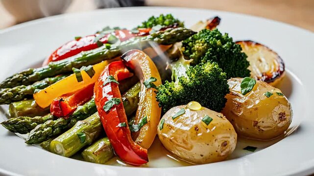 Colorful Saut?ed Vegetables Plate Including Red And Yellow Bell Peppers, Asparagus, Broccoli, And Baby Potatoes Garnished With Fresh Parsley For Healthy Dining Experience