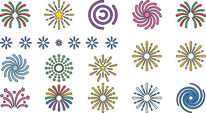 Colorful fireworks burst illustration set featuring star shapes, spirals, and radiant festive designs for celebration projects