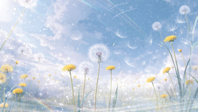 A soft watercolor botanical landscape featuring vibrant green grass, clusters of yellow dandelion flowers vector background 