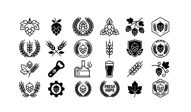 Modern brewery hop icon pack with wheat wreath black vector