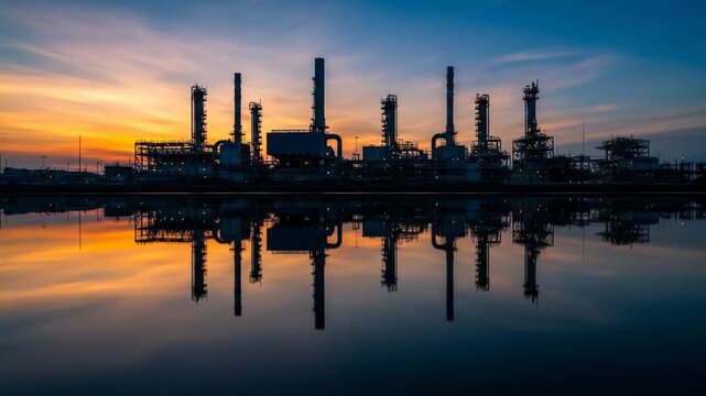 Industrial Refinery Silhouetted at Dusk with Reflecting Vibrant Sky.