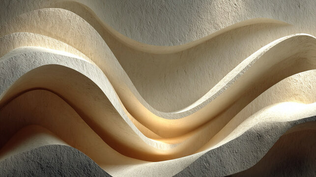 Beige plaster abstract wall texture flowing sculpted waves warm tones minimalist design modern architecture background creative visualization AI-generated artistic interior render
