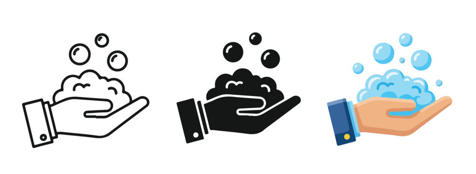 Hand washing soap foam vector icon set: Clipart, sticker - icon set - Line and glyph solid icon and logo template 