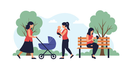 Fototapeta premium Young mothers enjoy a sunny day in a park while taking care of their babies in strollers and arms near green trees and benches.