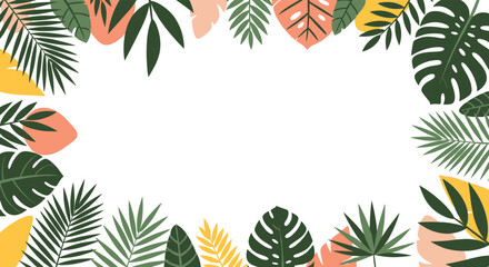 Naklejka premium Decorative border frame created from various tropical green leaves and colorful abstract shapes on a plain white background for design.