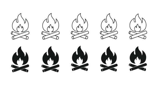 Campfire log and flame vector icon set: Clipart, sticker - icon set - Line and glyph solid icon and logo template 