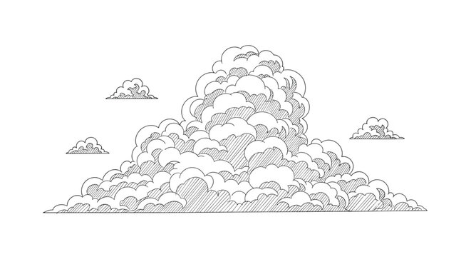 Artistic hand drawn sketch of fluffy white clouds in the sky uses fine lines and hatching to create volume and texture.