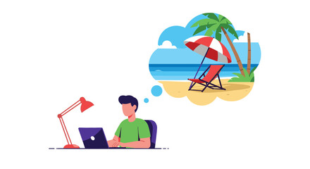Obraz premium Man sitting at a laptop computer while dreaming of a tropical beach holiday with palm trees, a lounge chair, and a sunny ocean view.