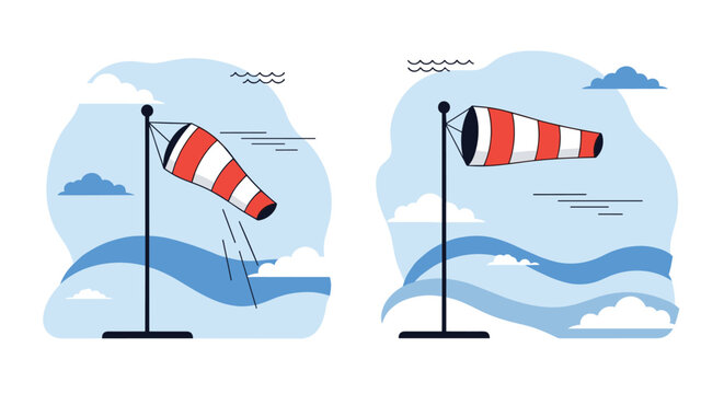 Comparison of two windsocks showing low and high wind intensity with clouds and waves in the background to indicate weather conditions.