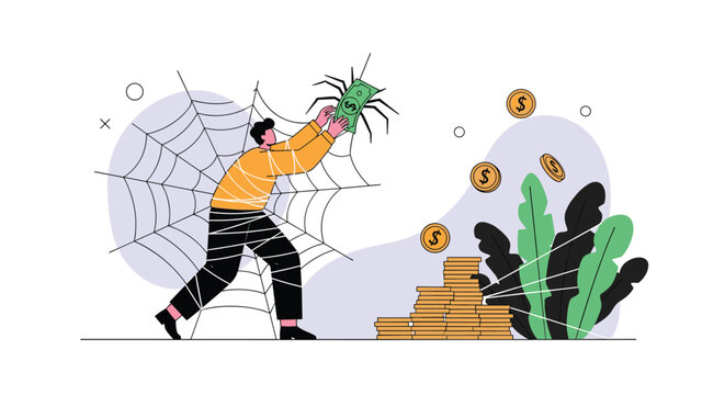Man struggles inside a giant sticky spider web as a large spider with a dollar bill slowly crawls away from him.