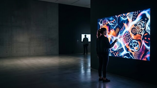 Woman exploring an interactive digital art installation in a gallery