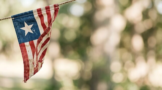 Rustic american flag pennant hanging outdoors with bokeh background