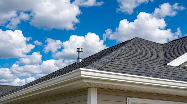 Modern residential roof with asphalt shingles and white gutters under a bright blue sky with clouds