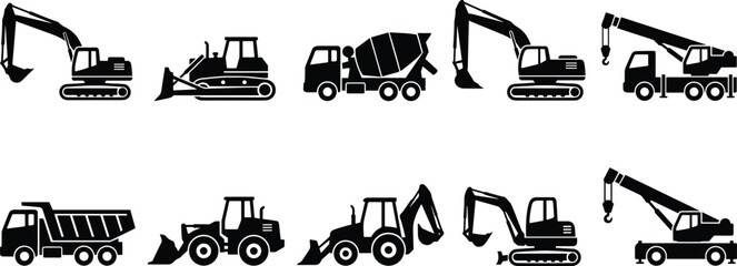 Heavy Construction Machinery Vector Icon Set Featuring Black Silhouette Shapes of Excavators Dump Trucks Cement Mixer Bulldozer Cranes and Loaders for Industrial Site LayoutsHeavy Construction Machine © Sonjoy