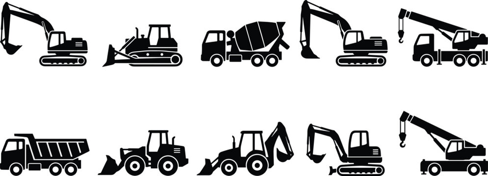 Heavy Construction Machinery Vector Icon Set Featuring Black Silhouette Shapes of Excavators Dump Trucks Cement Mixer Bulldozer Cranes and Loaders for Industrial Site LayoutsHeavy Construction Machine