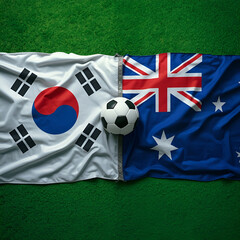Fototapeta premium South Korea vs Australia Vertical Match Closeup, Macro Soccer Ball on Flags and Turf Background.