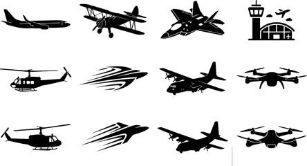 Aviation and Aircraft Black Silhouette Vector Set Featuring Commercial Airplane Fighter Jet Helicopter Propeller Biplane Drone and Airport Terminal © fulbabu