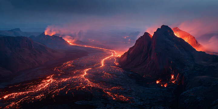 Lava Flowing Down Volcano Side at Night