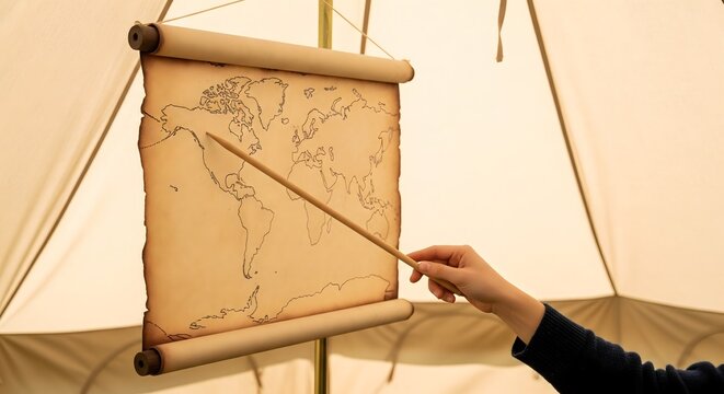 Hand pointing at a vintage world map hanging inside a canvas tent