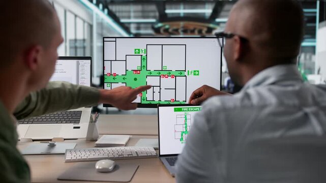 Fire Safety Officer Reviewing Building Evacuation Map During Emergency