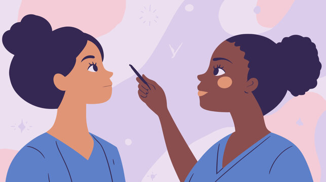 Two women in medical scrubs engaging in skincare or makeup application